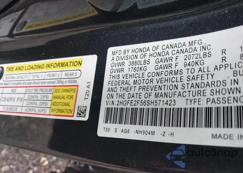 2025 Honda Civic Sport from USA, damaged, VIN 2HGFE2F56SH571423